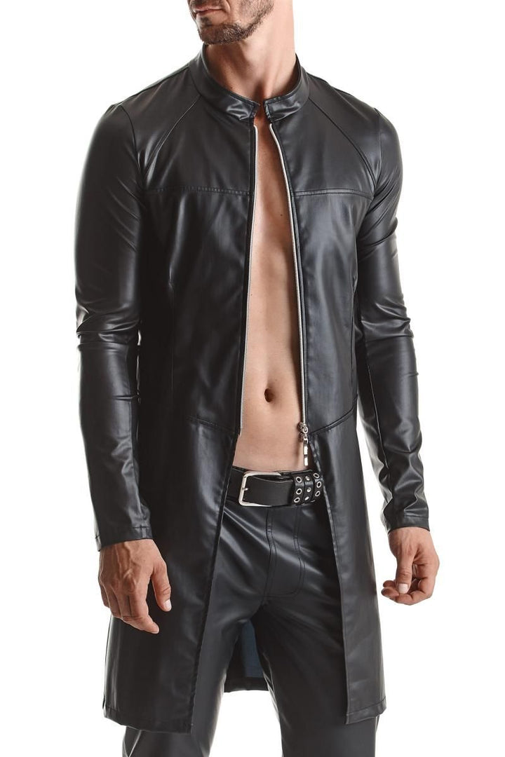 Extravagante Clubwear: schwarzer Wetlook Mantel für Herren
