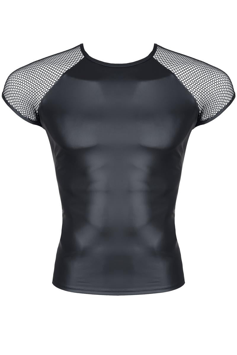 Figurbetontes schwarzes Wetlook T-Shirt mit Netzärmeln für Herren