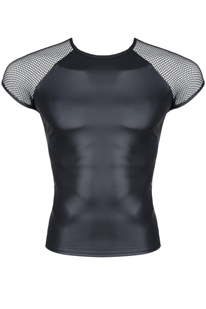 Figurbetontes schwarzes Wetlook T-Shirt mit Netzärmeln für Herren