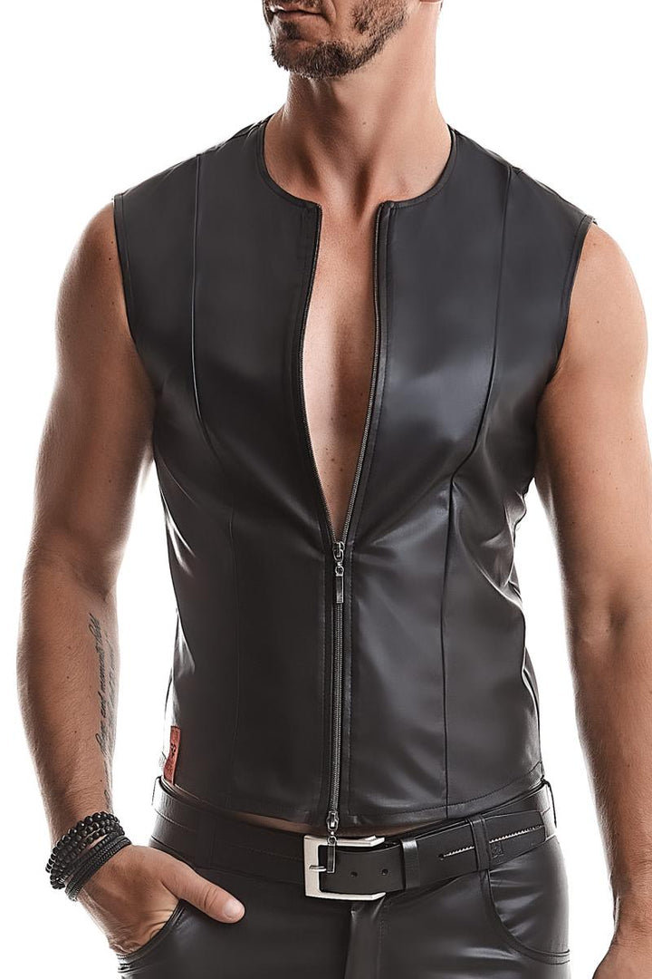 schwarze Herren Wetlook Weste Slim Fit mit 2-Wege-Reißverschluss Fetish Clubwear