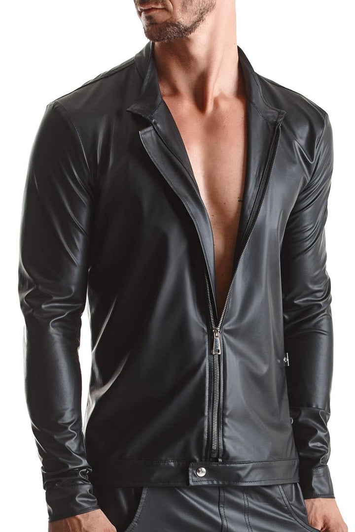 Schwarze Wetlook Herrenjacke RMGiorgio001 im Slim-Fit – Vorderansicht