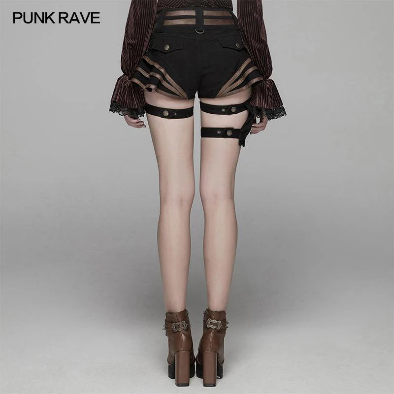 High Waist Military Bund mit braunen Kunstlederstreifen an Steampunk Shorts