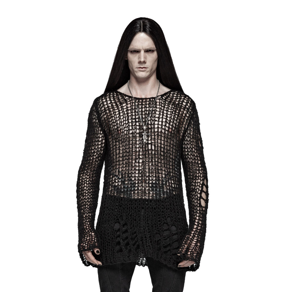 PUNK RAVE Black Ruin Sweater – Heavy Destroyed Strickpullover mit Mohair-Anteil
