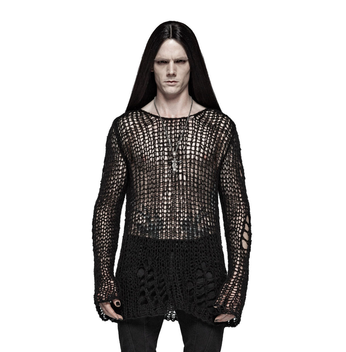 PUNK RAVE Black Ruin Sweater – Heavy Destroyed Strickpullover mit Mohair-Anteil