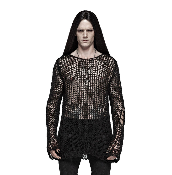 PUNK RAVE Black Ruin Sweater – Heavy Destroyed Strickpullover mit Mohair-Anteil