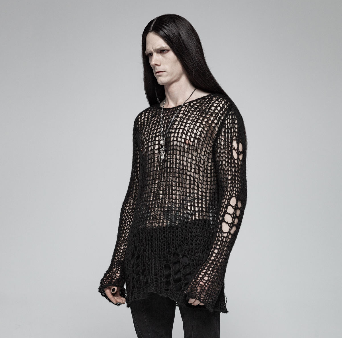 PUNK RAVE Black Ruin Sweater – Heavy Destroyed Strickpullover mit Mohair-Anteil