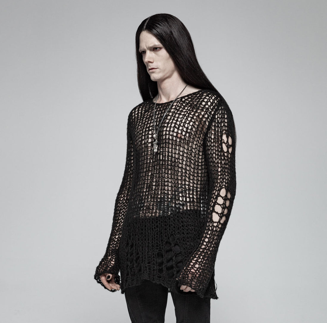 PUNK RAVE Black Ruin Sweater – Heavy Destroyed Strickpullover mit Mohair-Anteil