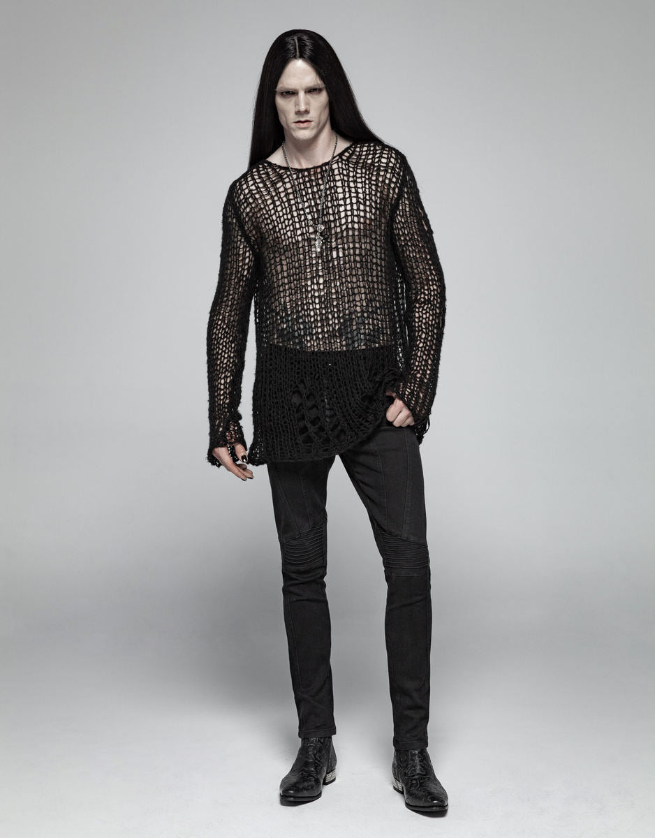 PUNK RAVE Black Ruin Sweater – Heavy Destroyed Strickpullover mit Mohair-Anteil