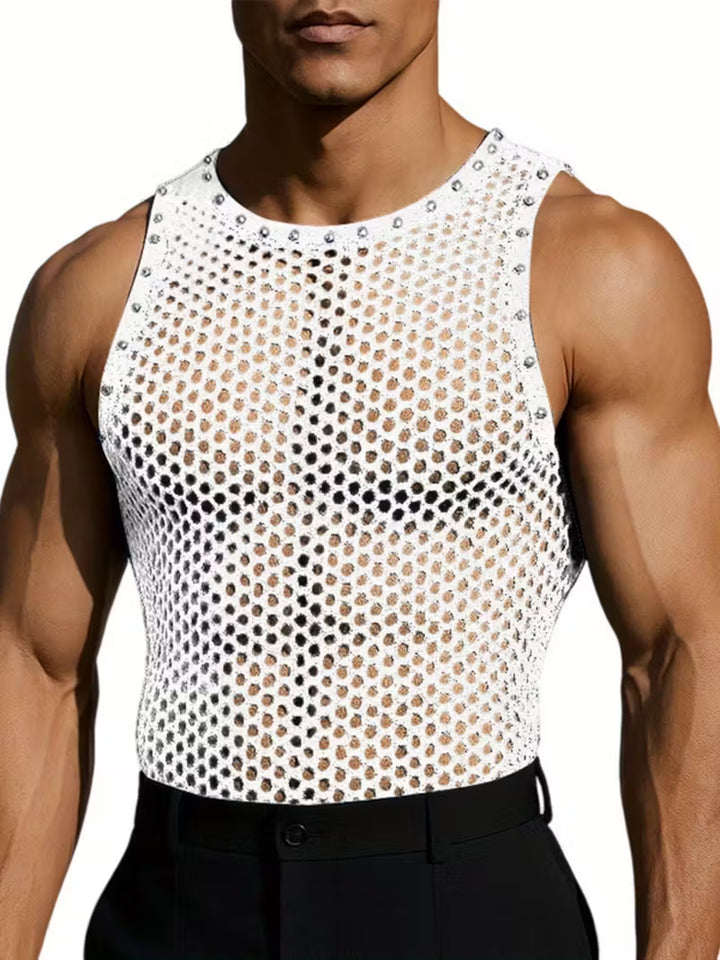 Transparenter Herren Mesh Tanktop weiß mit Fischnetz und Nieten Clubwear