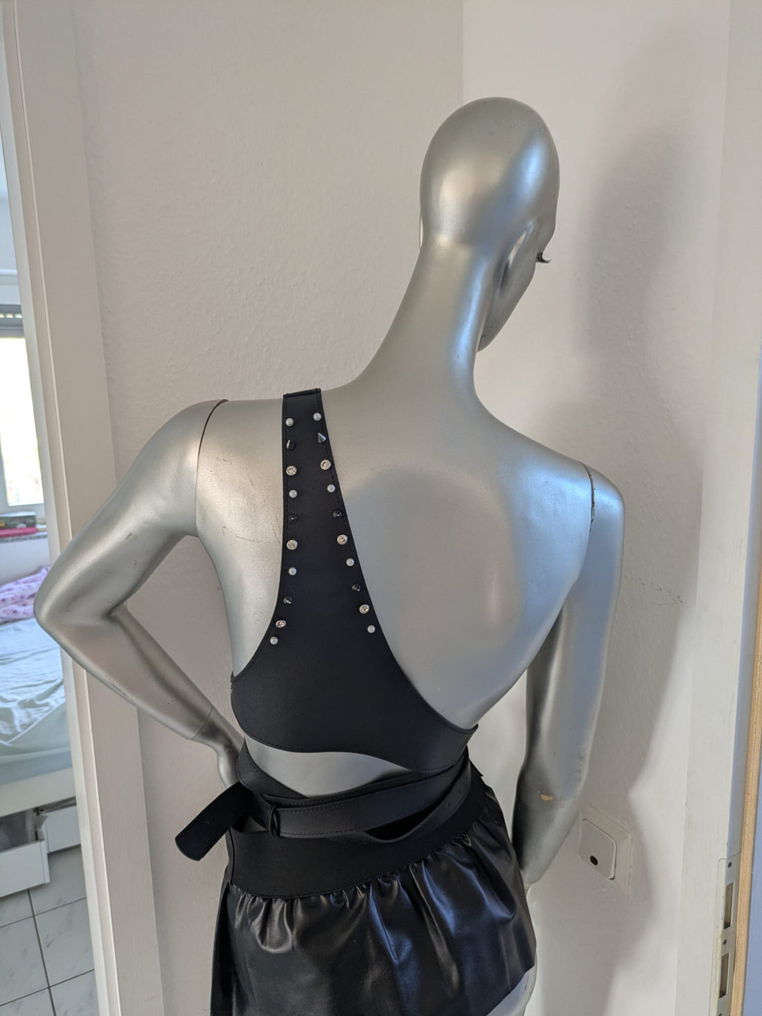 Harness “Velvet Vice” – Black faux leather harness with rhinestones, pearls &amp; pointed studs