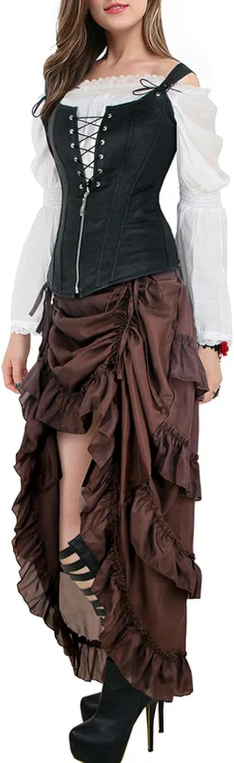 Seitliche Ansicht des braunen Steampunk-Rocks mit Raffungen und Rüschenvolants