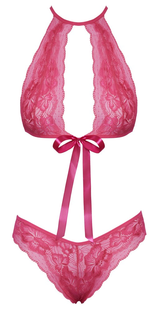 Komplettansicht des Dessous-Sets mit Spitzen-BH und Slip – femininer, stilvoller Look in Pink.
