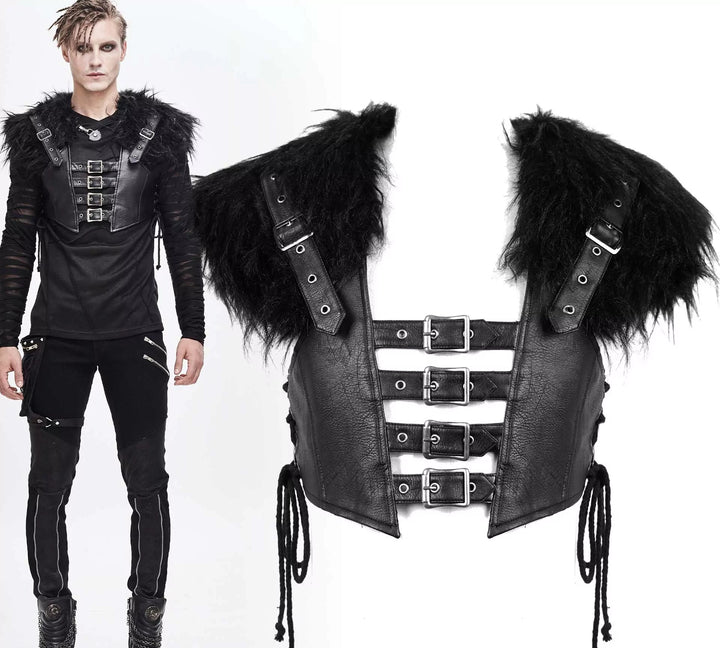 Nordische LARP Lederweste Beowulf mit Fellimitat und Schnallen – Frontansicht für Wikinger- und Mittelalter-Outfits.