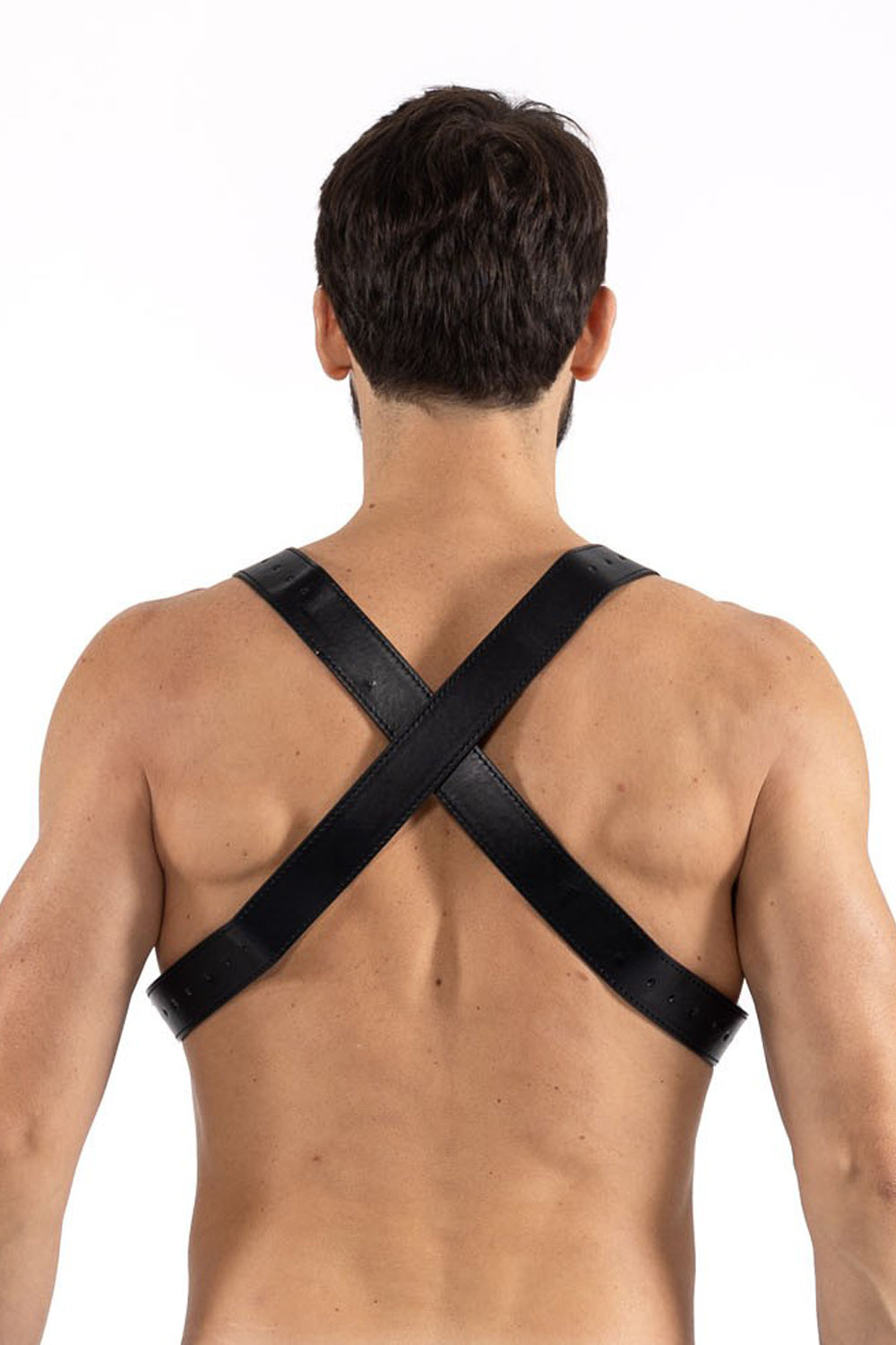 Schwarzer Shoulder-Harness mit gekreuzten Rückengurten aus Kunstleder