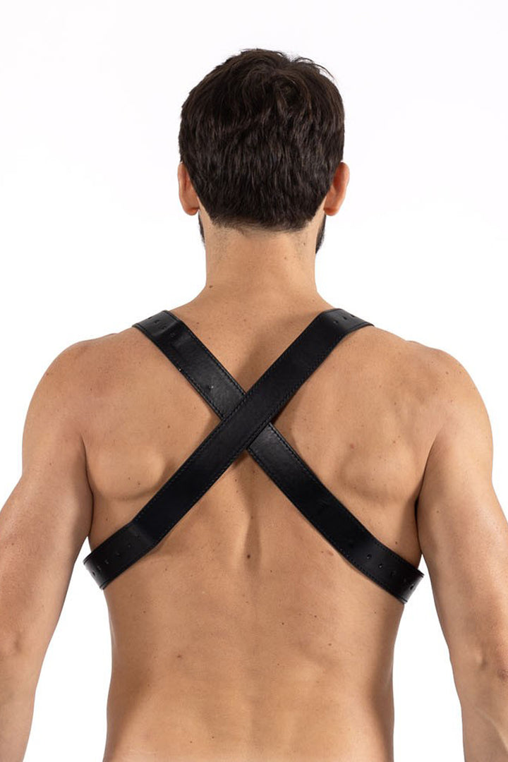 Schwarzer Shoulder-Harness mit gekreuzten Rückengurten aus Kunstleder