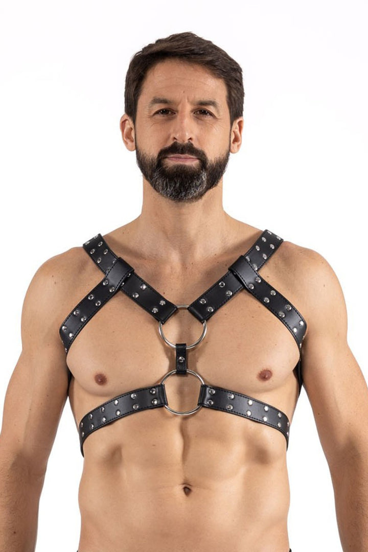Schwarzer Herren-Harness LM275019BLK mit großem Metallring vorne