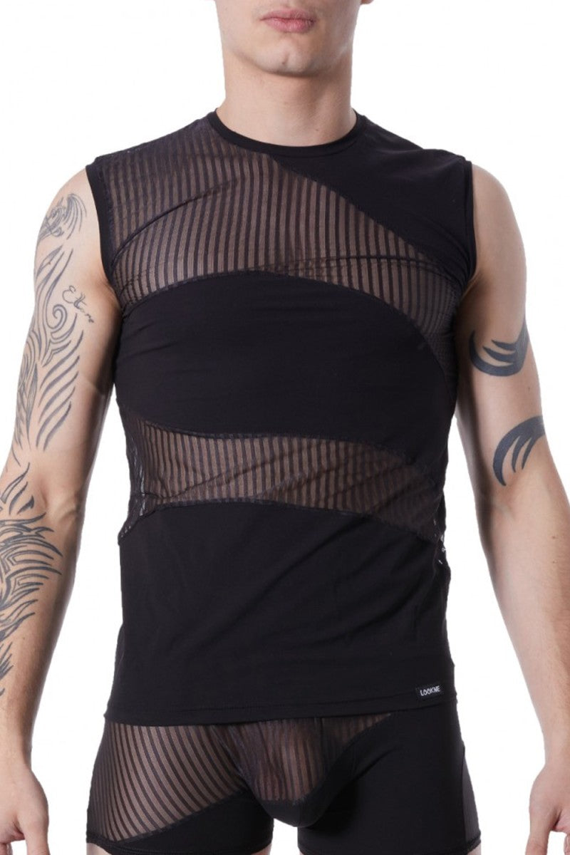 Look Me lm803 Herren Tanktop schwarz mit transparenten Nadelstreifen – Frontansicht