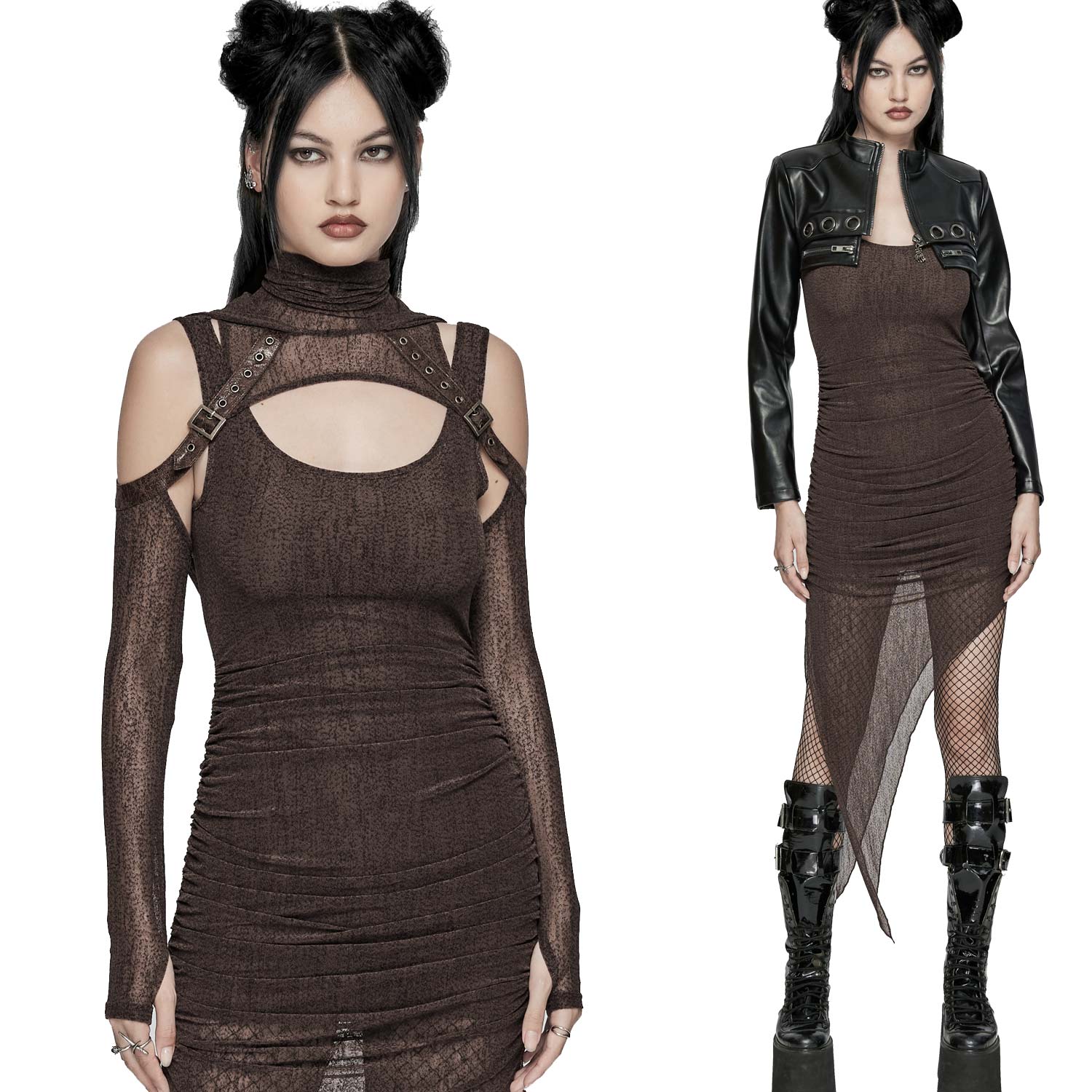 Post Apocalyptic Bolero aus Netz mit Kapuze, Schnallen und Cold-Shoulder Design