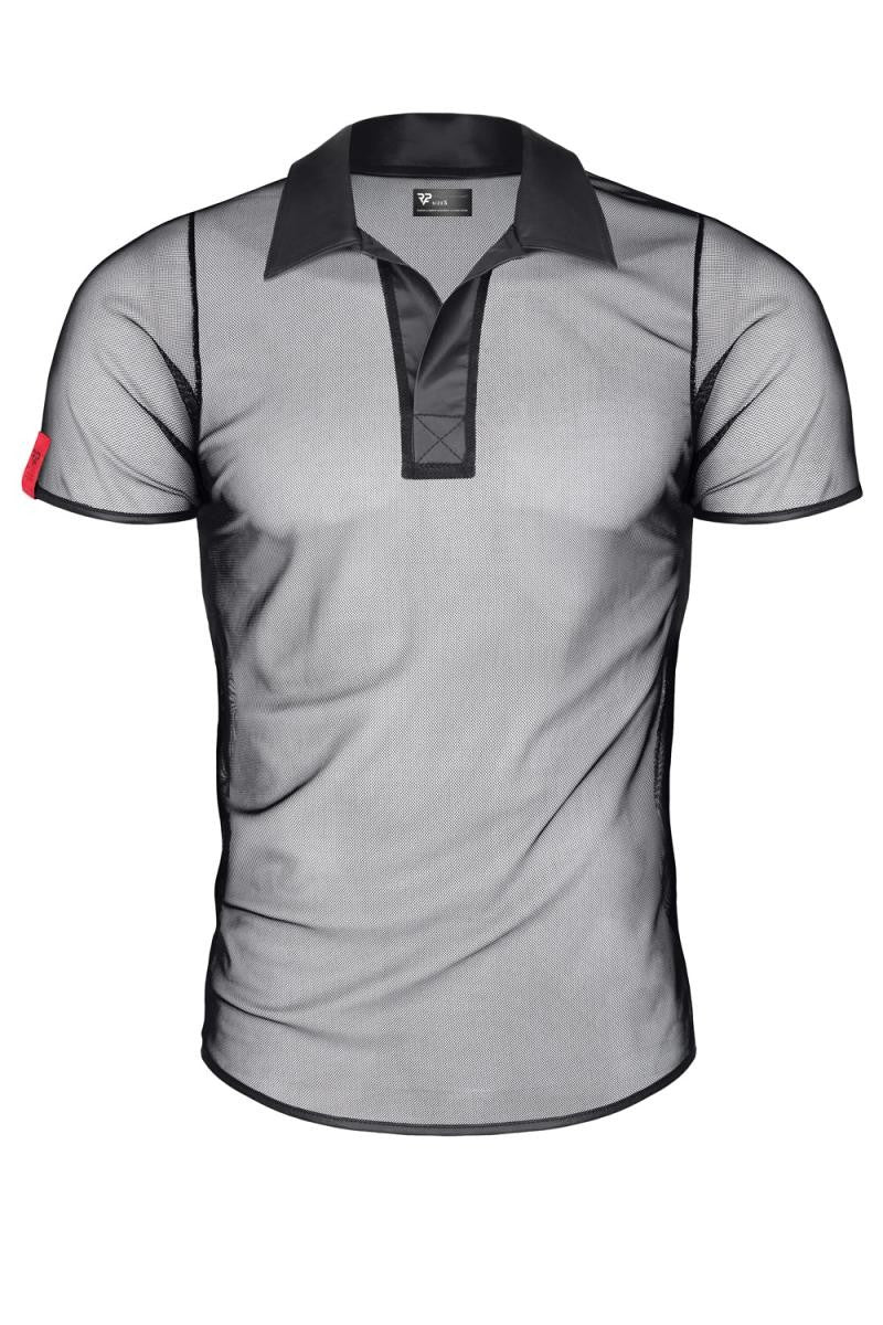 Figurbetonender Slim-Fit Schnitt des transparenten Mesh Poloshirts