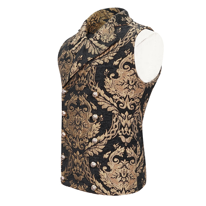 Reverskragen und Brokatstruktur der Weste „Midnight Baroque Majesty“ in Schwarz-Gold