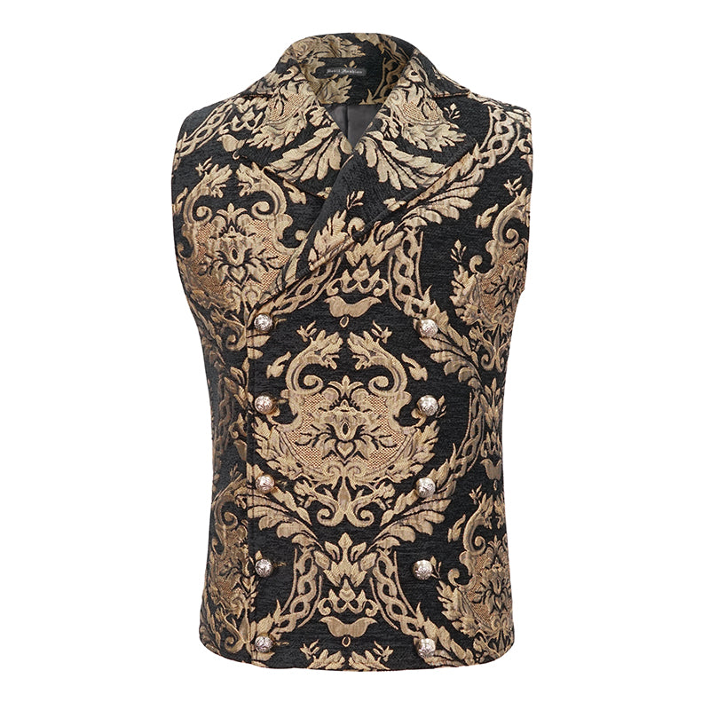 Nahaufnahme der Brocade-Struktur und goldenen Ornamente des Modells „Midnight Baroque Majesty“