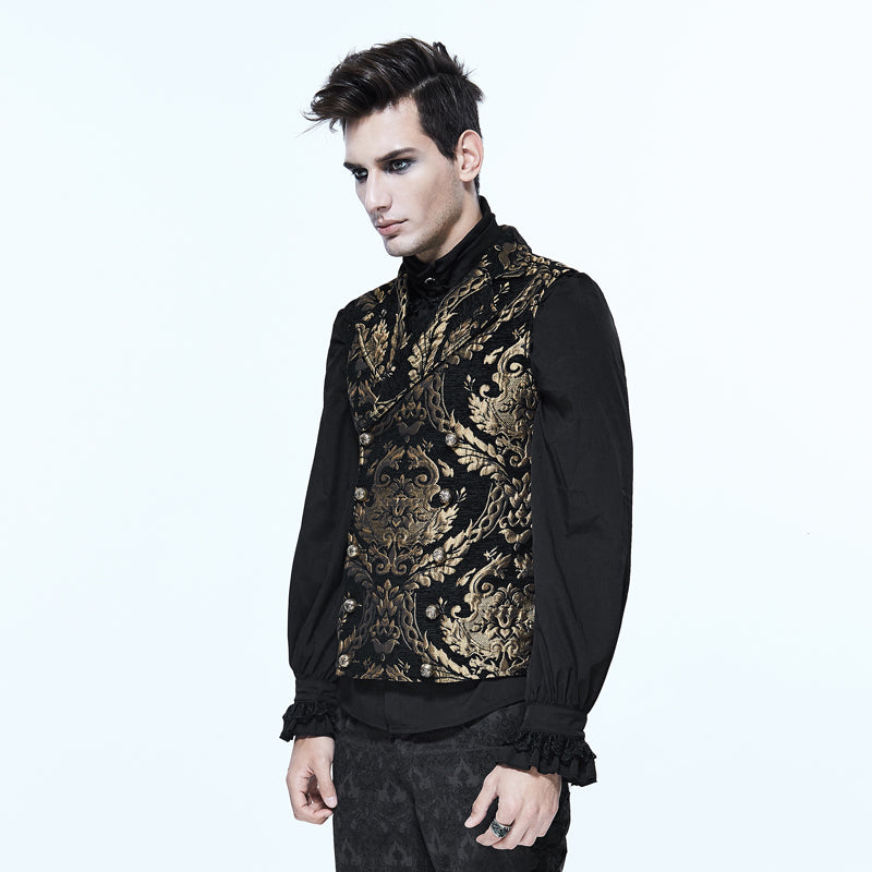 Brocade Weste „Midnight Baroque Majesty“ in Schwarz-Gold von Devil Fashion, Vorderansicht