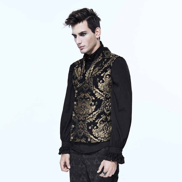 Brocade Weste „Midnight Baroque Majesty“ in Schwarz-Gold von Devil Fashion, Vorderansicht