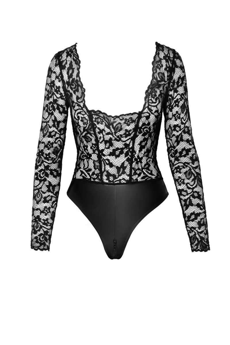 Spitze trifft Wetlook – Verführerischer Langarm-Body mit Reißverschluss