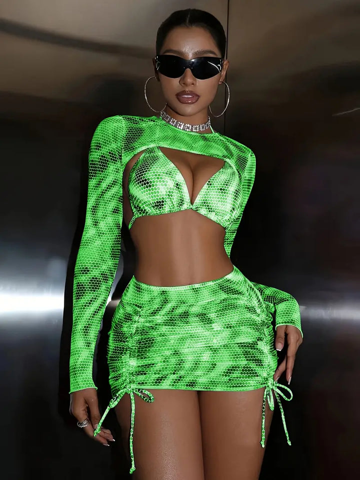 4-teiliges sexy Neon-Set mit BH, Slip, Top und Minirock in Schlangenmuster