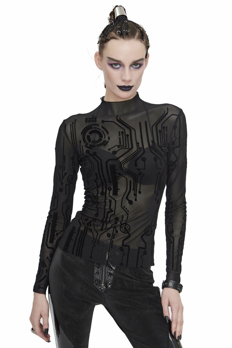 Transparentes Cyberpunk Mesh Longsleeve mit Schaltkreis Muster