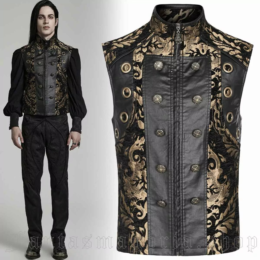Geprägte Deko-Knöpfe und Reißverschluss der Gothic-Weste