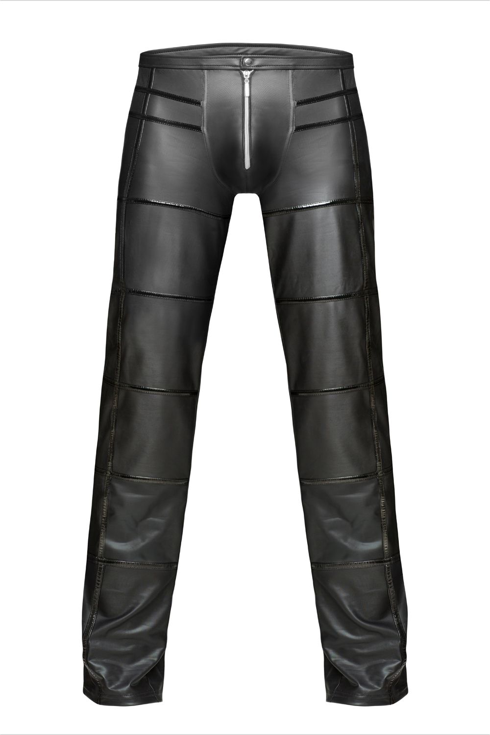 Schwarze Herren-Wetlook-Hose H021 mit Lackstreifen von vorne, enger Schnitt