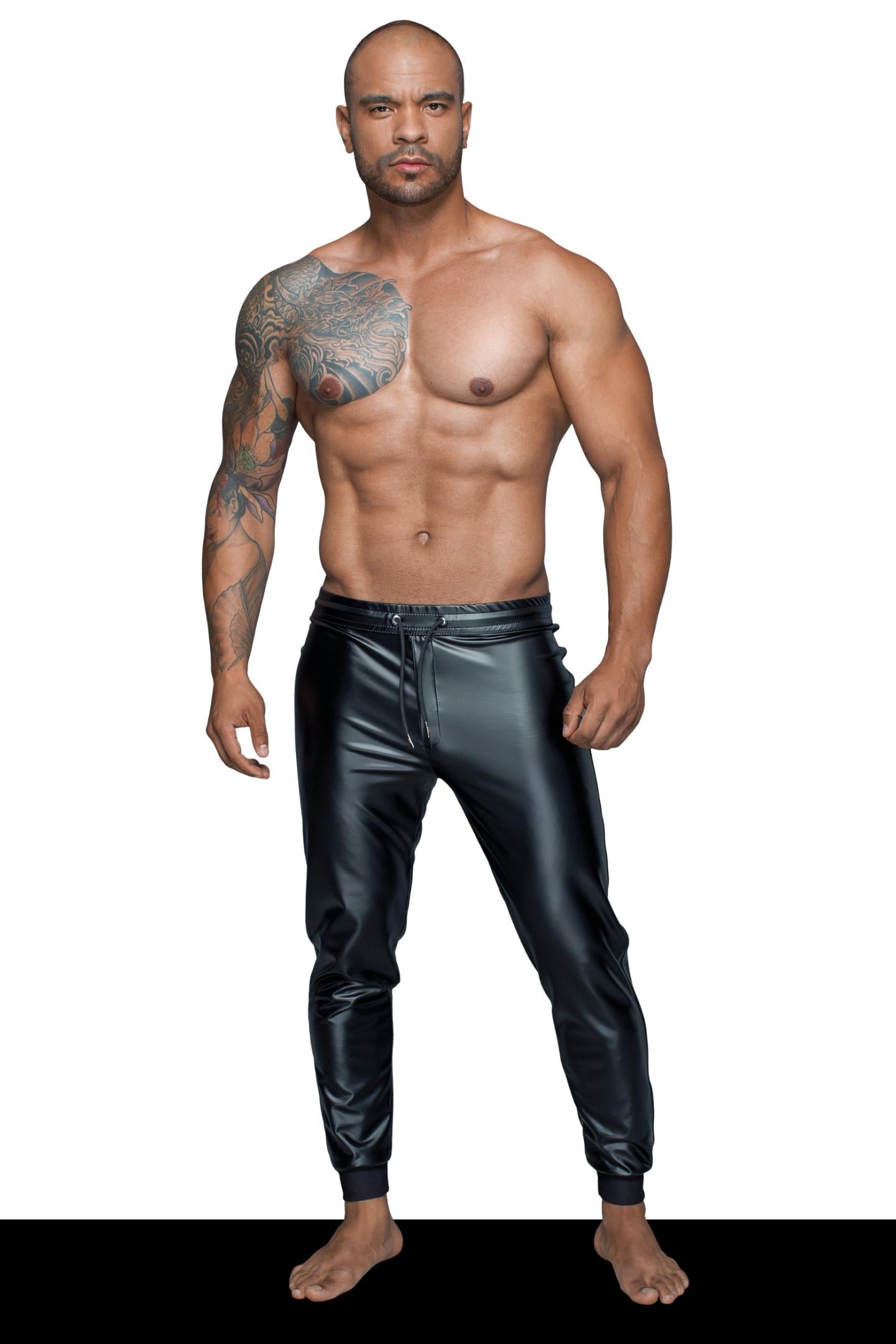 Powerwetlook-Herren-Treggings mit elastischem Bund und figurbetonter Passform – Modell H063 Noir Handmade
