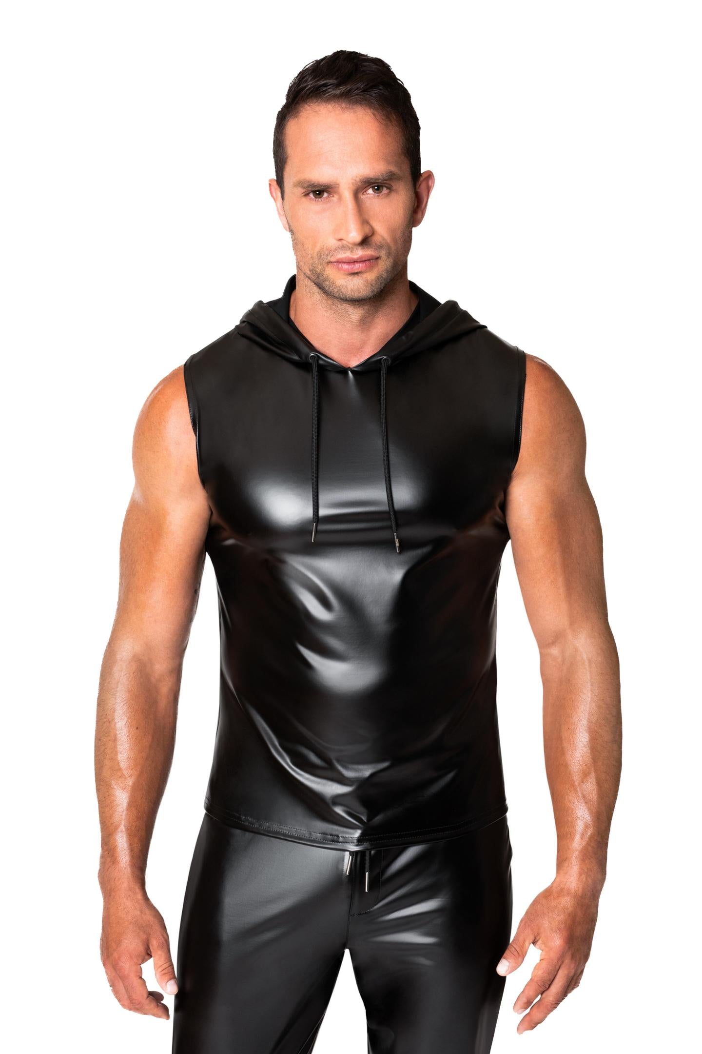 Schwarzes ärmelloses Kapuzen-Shirt aus Power Wetlook von Noir Handmade