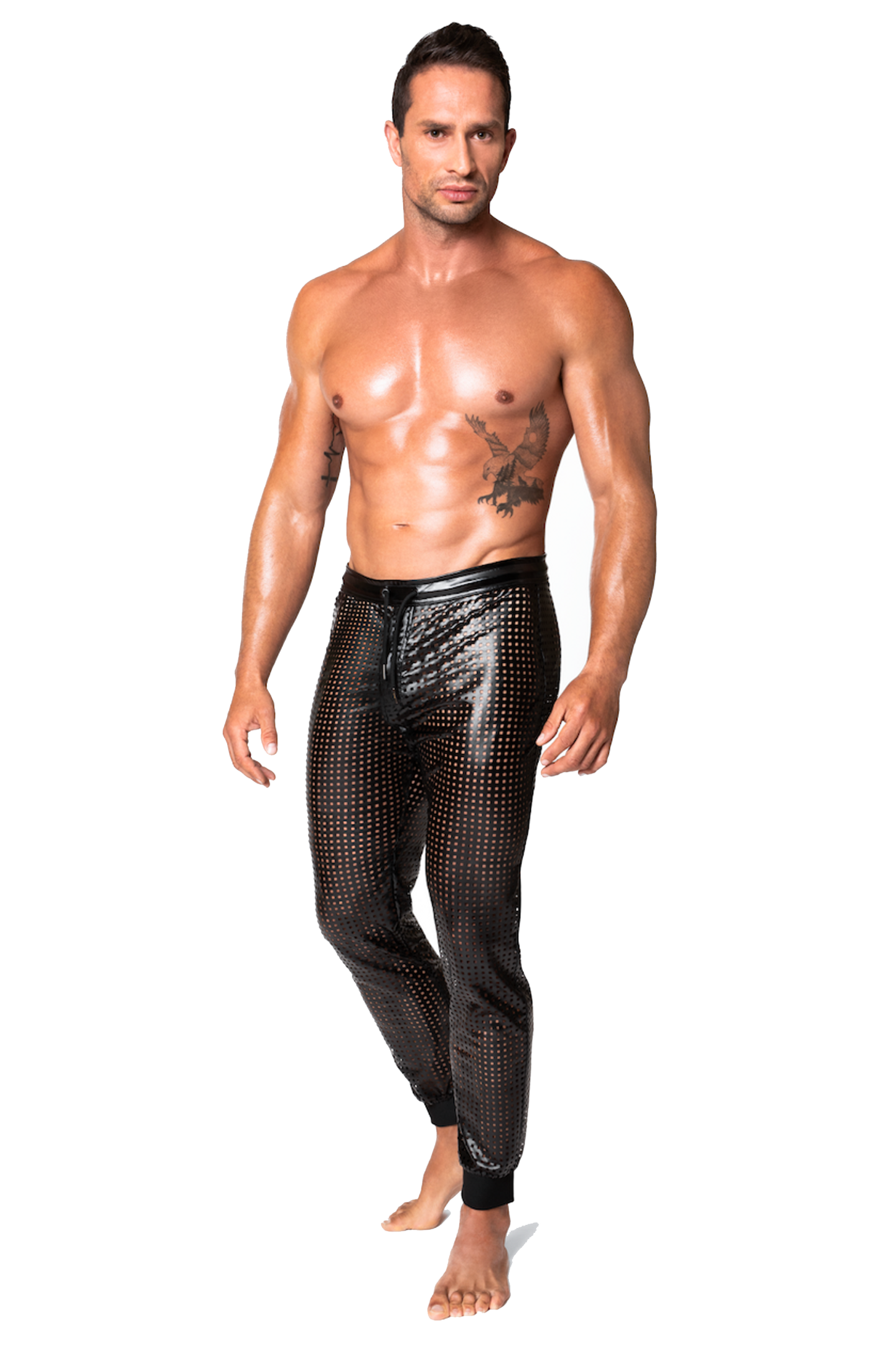 Wetlook Hose Herren Schwarz mit perforiertem Design und Kordelzug – ideal als Clubwear oder Party-Outfit