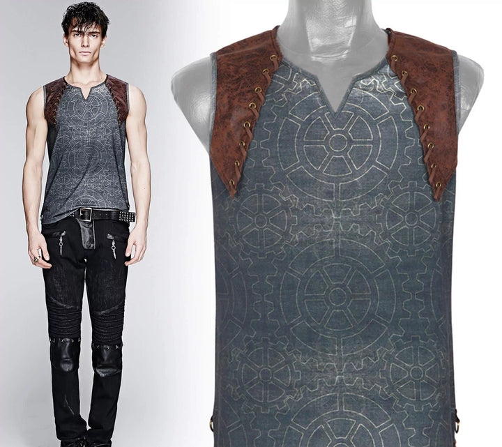 Steampunk Sleeveless Top „Obsidian Mechanica“ von Punk Rave mit Zahnrad-Print