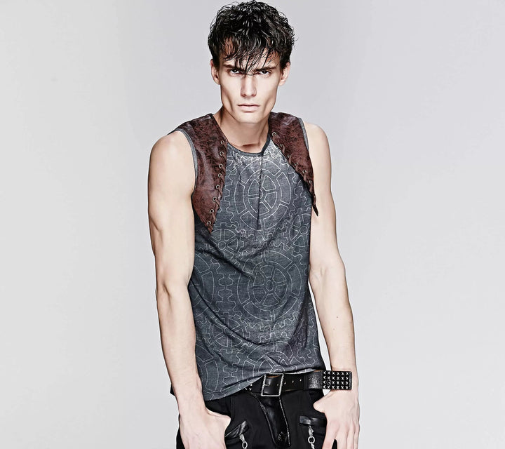 Detailansicht des durchgehenden Zahnrad-Prints auf grauem Stoff