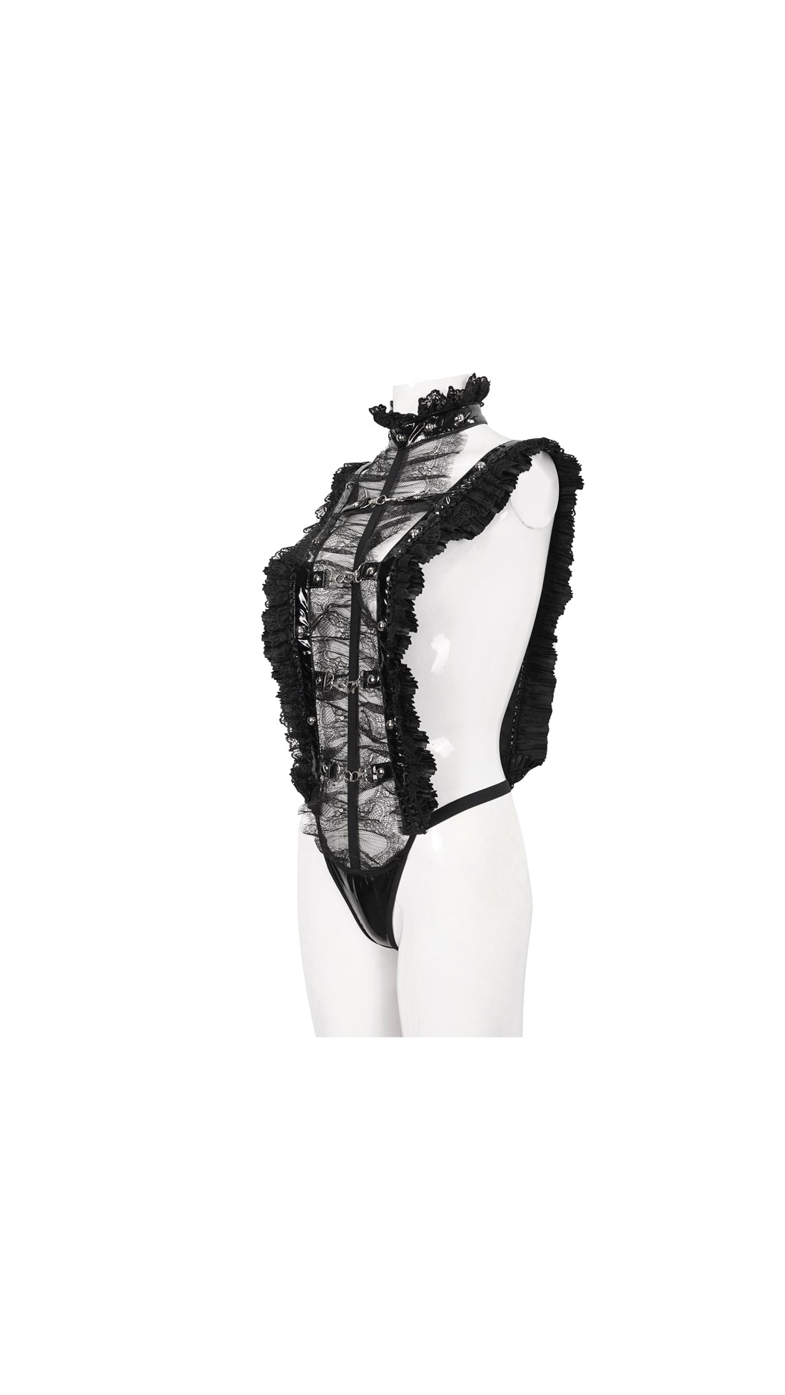 Lack-Choker mit Rundnieten und Spitze am Harness-Body „Obsidian Seductress“