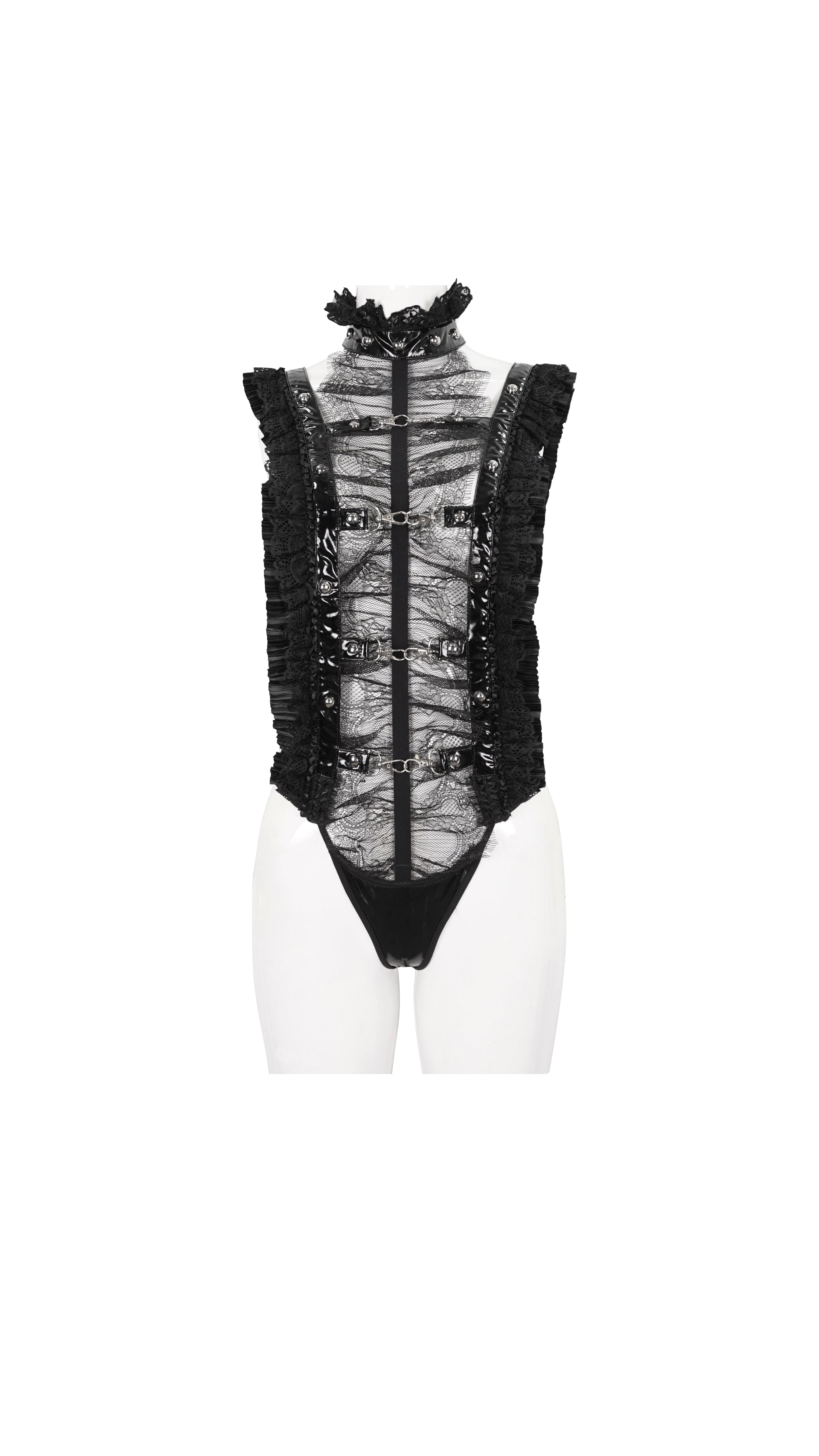 Detailaufnahme von Spitze, Rüschen und Lackelementen des „Obsidian Seductress“