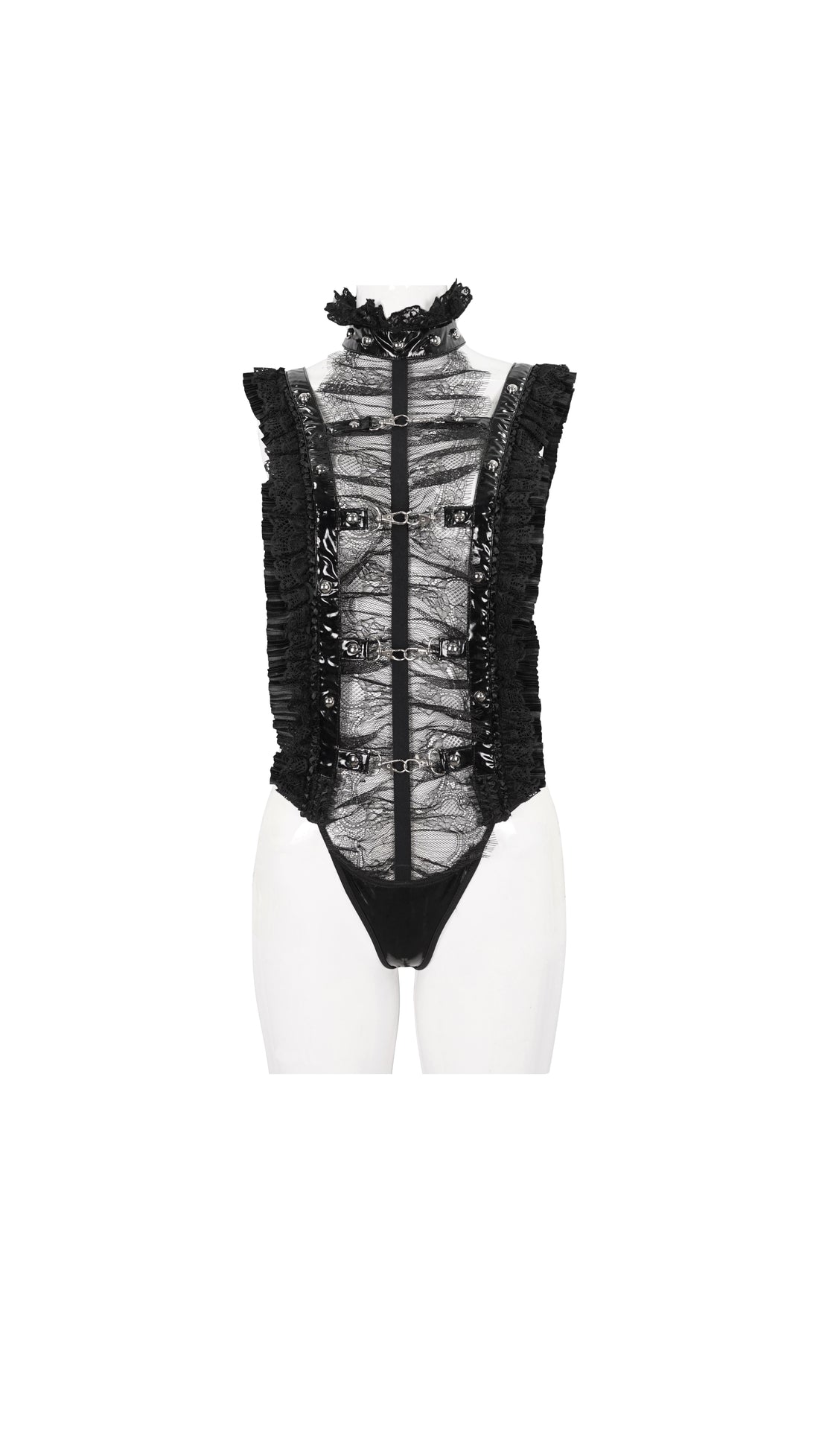 Detailaufnahme von Spitze, Rüschen und Lackelementen des „Obsidian Seductress“