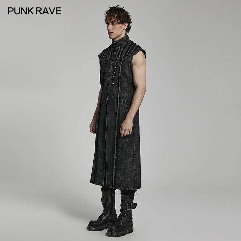 Rückenansicht der langen schwarzen Jeansweste im Used-Look