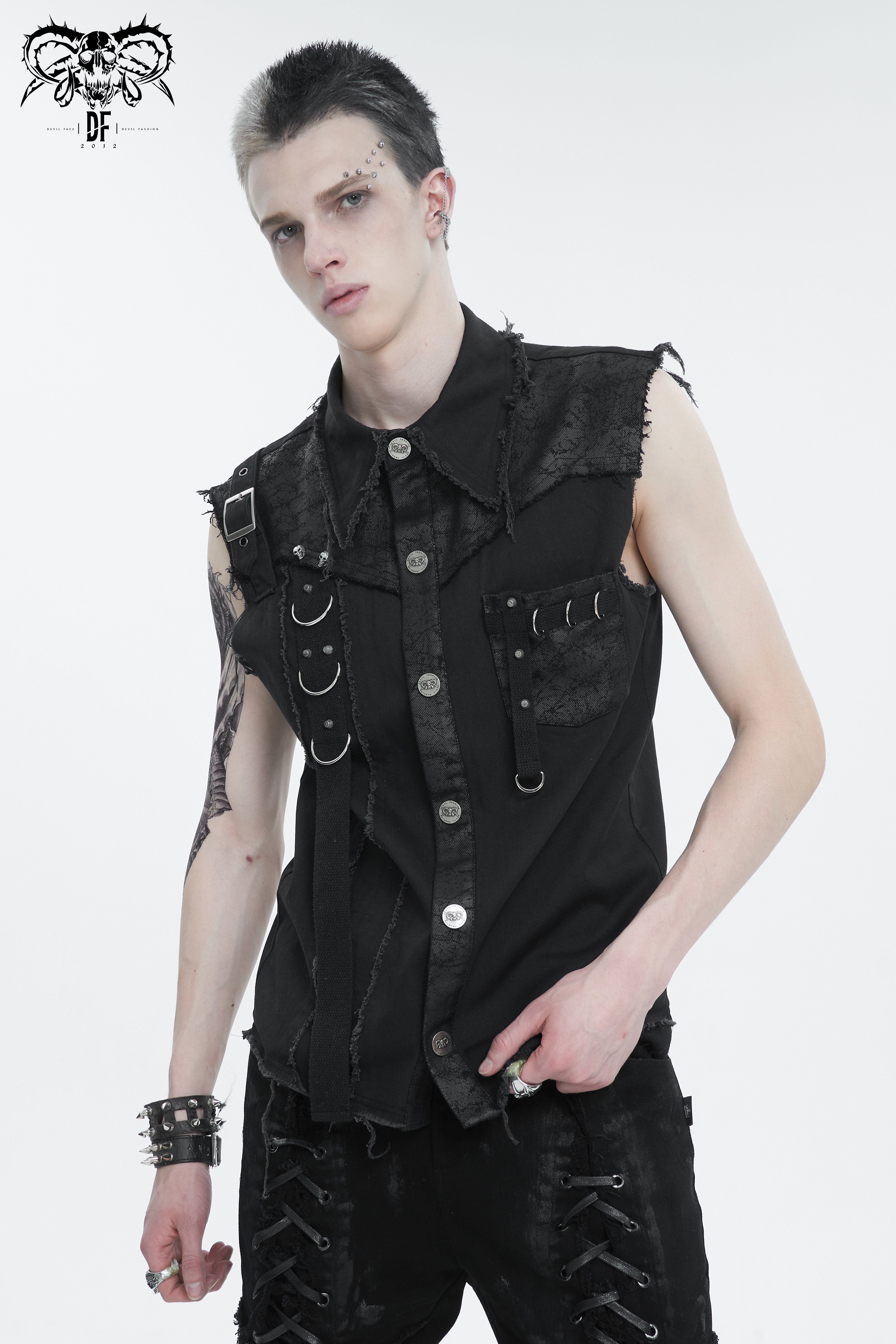 Devil Fashion "Dead" Herren Weste – Distressed Punk Denim mit D-Ringen & Skull-Nieten