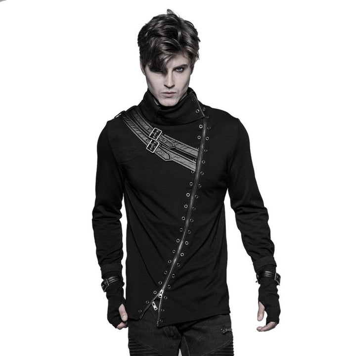 Punk Rave Assassin’s Creed Top – figurbetonte Industrial Goth Shirt Jacke mit asymmetrischem Zipper und Rollkragen
