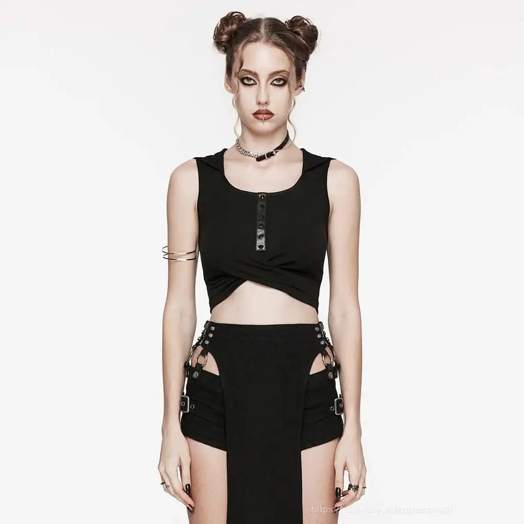 Schwarzes Punk Rave Tanktop mit Kapuze und Cross-Front