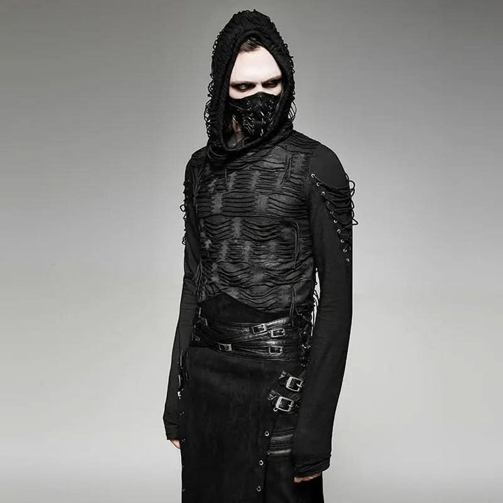 Punk Rave Gothic Hoodie mit seitlicher Ansicht und Distressed-Details