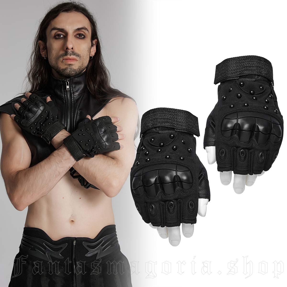 Schwarze Punk Rave Fingerless Gloves mit Nieten und Knöchel-Schutz