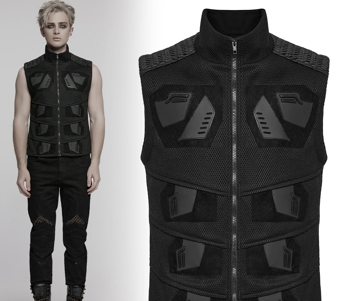 Punk Rave Cyberpunk Weste – Mesh & Kunstleder mit Protektoren | Futuristischer Kinky Military Style.