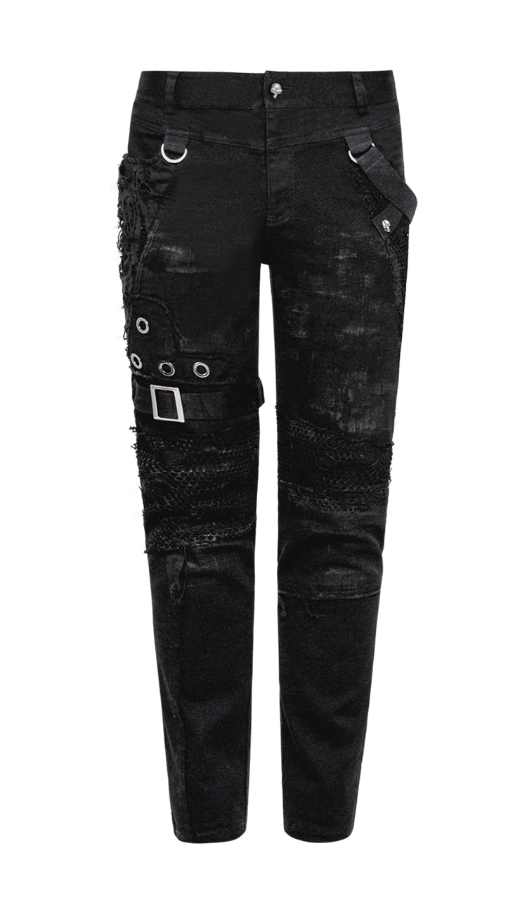 Schwarze Punk Rave Demon Hose mit zerrissenen Details und Vintage-Punk-Style