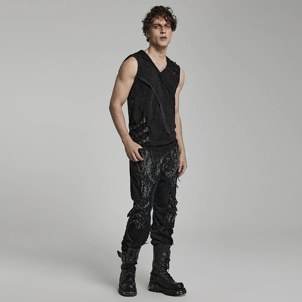 Punk Rave Herren Tank Top mit Kapuze – Distressed Look, asymmetrisch, schwarz.