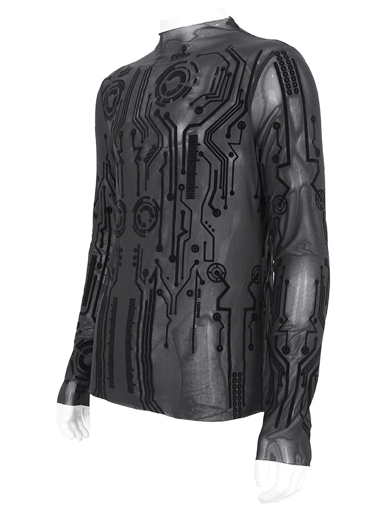 Black Gothic Cyberpunk Mesh Shirt – Herren Longsleeve mit Tech-Pattern.